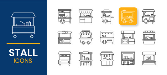 Food stall vendor icons set design. Street food booth event fair. Commercial counter product. Outline style illustration.