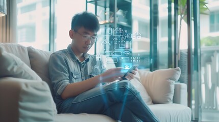 Fototapete - asian man sitting on sofa and using smart home control app on mobile phone with augmented reality view of IOT connected objects in apartment : Generative AI