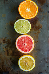 Wall Mural - citrus fruit on the table, lemon, lime, orange, grapefruit top down