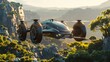 © Shahriyar - Sports flying car hovering over landscape. Vertical landing flying taxi vehicle for travel.