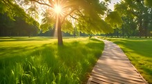 Beautiful Summer Park Landscape With Green Grass, Trees, And Sunlight