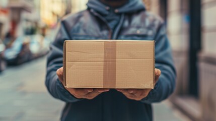 A person in a jacket holding out a cardboard box towards the camera on a blurred urban street background, suggesting a delivery or a gift.