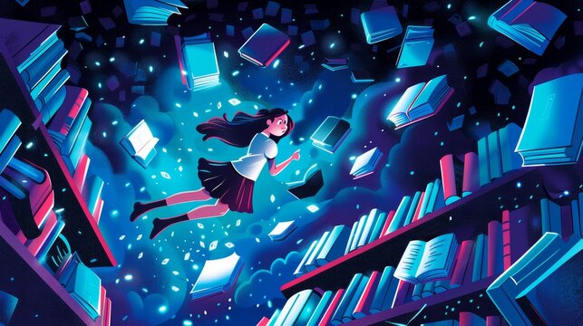 The magic books cartoon landing page features a young girl in a library at nighttime with glowing volumes flying about. A curious child sits at a bookcase in a dark reader club room, reading is one