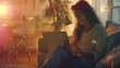 Beautiful young woman in casual clothing using laptop and smiling while working indoors : Generative AI