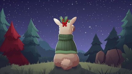 Wall Mural - This cute llama cartoon landing page wishes you a happy new year with a llama sitting at a night fair with a red bow and holy berry on his head.