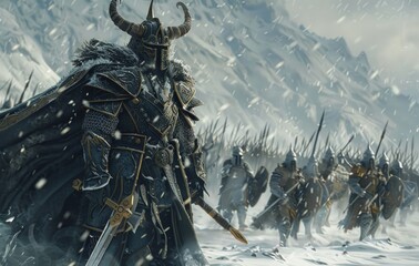 Wall Mural - Digital illustration painting design style a knight and big sword against demon armies