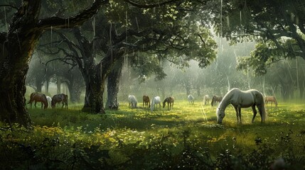 Wall Mural - A herd of horses hides from the rain under the trees in a grove, a white horse in the foreground eats grass