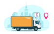 Box truck drives quickly to its destination on the background of an abstract cityscape. Vector illustration.