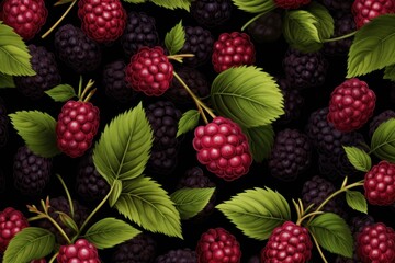 Colorful illustration of red raspberries and green leaves pattern, perfect for fabric and wallpaper
