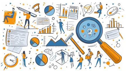 Wall Mural - People researching analytics on dashboard with graphs and charts. Modern icons of statistic analysis, database work, and information report with diagrams and magnifying glasses.