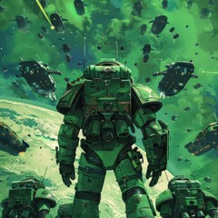 Wall Mural - green space soldier with spaceship with a gun