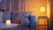 © The Little Hut - Interior of living room with cozy grey sofa armchair and glowing lamps : Generative AI