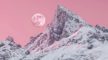 Wall Mural -   A snowy mountain beneath a full moon in the midst of a dark night, its reflection captured in a pink-hued sky