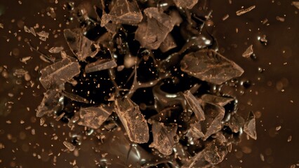 Poster - Freeze motion of flying group of raw chocolate pieces.