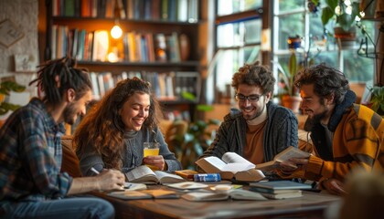 Represent a Protestant Bible study group meeting in a cozy living room, discussing scripture and its application to daily life