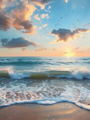 Wall Mural - golden sunrise over a serene beach with waves gently crashing and birds soaring above in a cloud-dap