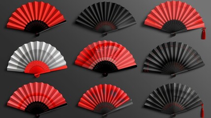 Isolated set of realistic hand fans with red decorations on transparent background. Traditional asian souvenirs of various shapes. Folding paper or silk geisha accessories.