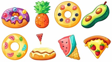 A set of swimming rings and mattresses with inflatable rubber pineapple, donut, ice cream, avocado, pizza, watermelon and other colorful and stylish accessories for children and adults.