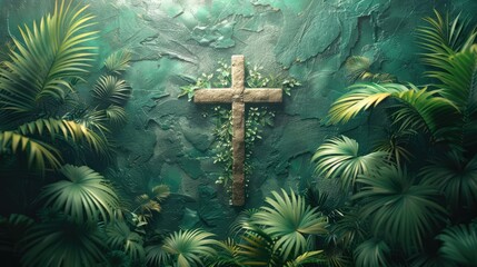 Wall Mural - overhead view of a religious cross with palm leaves. Easter palm sunday background Generative AI