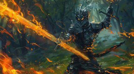 Digital illustration painting design style a knight and big sword against demon armies