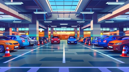 Wall Mural - Various parking areas in a mall, underground garage interior with vehicles parked and the driver searching for empty car parking space in building basements, city infrastructure, cartoon modern