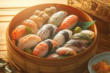 Sticker - Close-up of sushi in a bamboo basket, AI-generated.