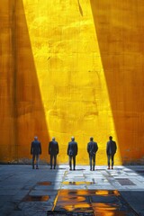 Poster - A group of men in suits standing next to a yellow wall, AI