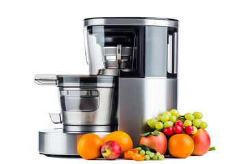 A powerful juicer with a brushed stainless steel exterior and a large fruit hopper isolated on a solid white background.