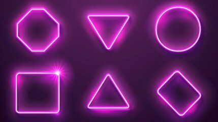 an abstract modern set of neon light frames isolated over a transparent background with glowing line