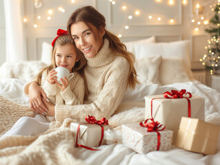 A mother and her daughter are sitting on a bed, surrounded by Christmas presents