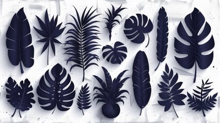 Wall Mural - This collection of silhouette leaf elements includes tropical plants, leaf branches, banana leaves, pineapples, palms, foliage, flamingoes, hand-drawn botanical moderns for decor, websites and