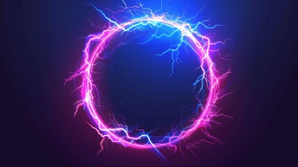 Wall Mural - Electric thunder power ball discharge with realistic bolt circle. 3D neon thunderstorm blast laser element. Transparent spark fireball hit illustration.