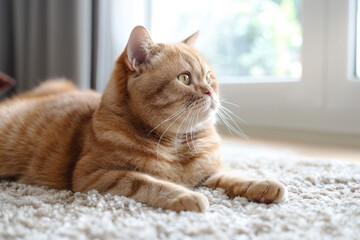 Red tabby cat on carpet in living room