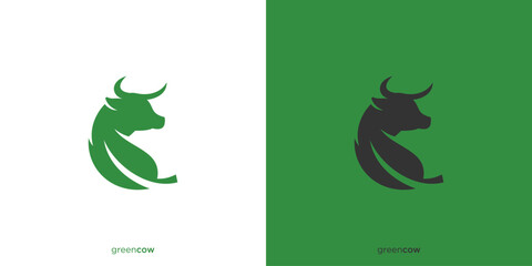 Green Cow Logo Design. Green Leaf with Cow Head Graphic Design. Farm Logo, Icon, Symbol, Vector, Design Inspiration.