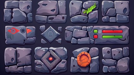 Wall Mural - The stone game UI frames and buttons are isolated against a black background. Modern cartoon illustration with rectangular and round menu boards, stop, pause, play, stop, progress bars, and rock