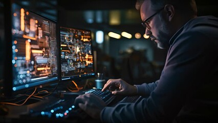 Personal computer working of software developer , IT specialist with monitoring room and control of data center