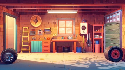 Wall Mural - The interior of a workshop in a garage was drawn using a cartoon modern background. Carpentry equipment and furniture were in a home storeroom, and there was a tire rack near the entrance to the