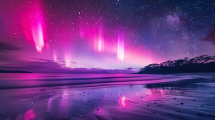 Wall Mural - A beautiful photo of the aurora borealis over Dingsons Beach in Australia, with vibrant pink and purple colors lighting up the night sky, reflecting on water below. The stars add to its beauty