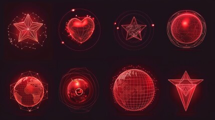 Wall Mural - Wireframe shapes set isolated on red background. Modern image of 3D grid geometric icons, Y2K mesh globe, heart, cherry, star, cone, landscape design, cyber space elements, landscape structures.
