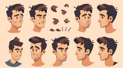 The young man face construction kit is a set of cartoon facial parts and an emotion generator. It helps you create male avatars with different noses, eyes, brows, and hairstyles.