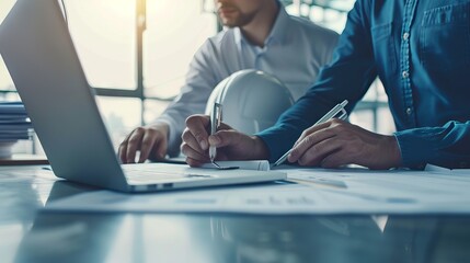 Close up of two engineers working together on construction plans and using a laptop computer at an office desk. 