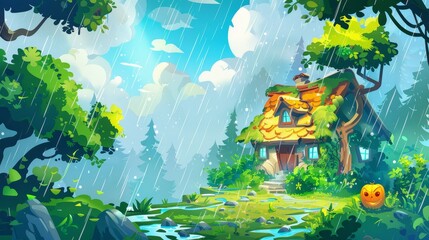 Wall Mural - The rainy season in spring and the green foliage of nature. Jungle environment with fantasy pumpkin elf home. Outdoor tropical fairytale adventure.