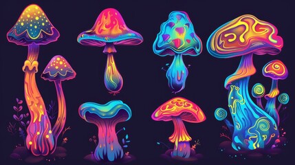 Wall Mural - The psychedelic mushroom in an acid dream pattern. Vintage 1970's fantasy and hallucination fungus illustration. Psychedelic mushroom in an acid dream pattern.