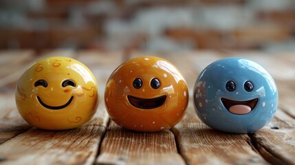 Wall Mural - Three colorful ceramic eggs with faces on a wooden table, AI