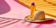 Sun hat and a bottle of sunscreen captured in a sunny, tropical setting