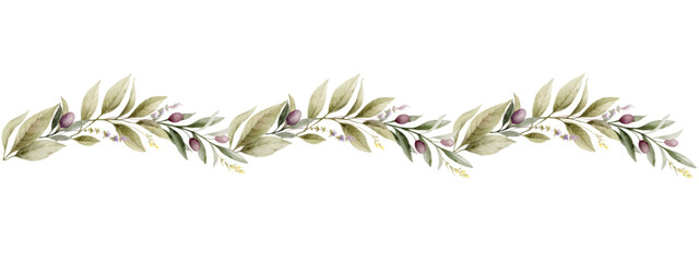 Watercolor vector border with olives and green foliage. Hand painted botanical illustration. Design for textile, decor, print, fabric, fashion and invitations.