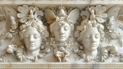 Wall Mural - A white marble sculpture of three women with flowers and butterflies, AI