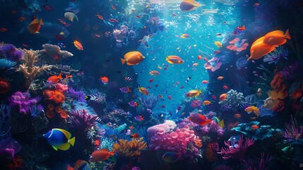 Wall Mural - Underwater world full of life. Colorful fishes swim near a beautiful coral reef.