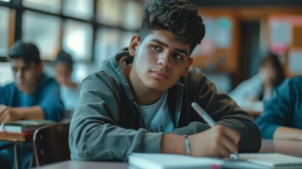 Canvas Print - Young Hispanic students studying at university, paying attention to a lecture and writing in their notebooks.