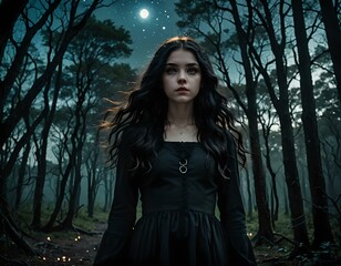 Wall Mural - Beautiful young woman in a dark forest at night with moonlight